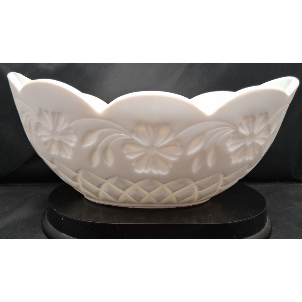 Vintage Milk Glass Oval Bowl with Daisy & Button Pattern and Scalloped Rim